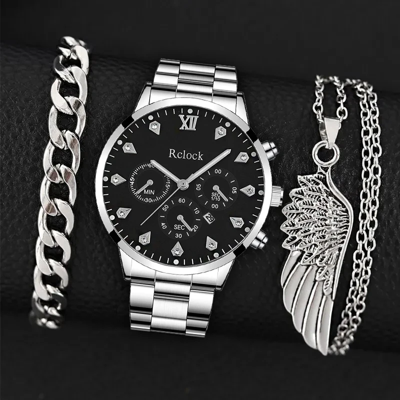 

3PCS Set Fashion Mens Business Calendar Watches Men Casual Silver Bracelet Wings Necklace Stainless Steel Quartz Wrist Watch