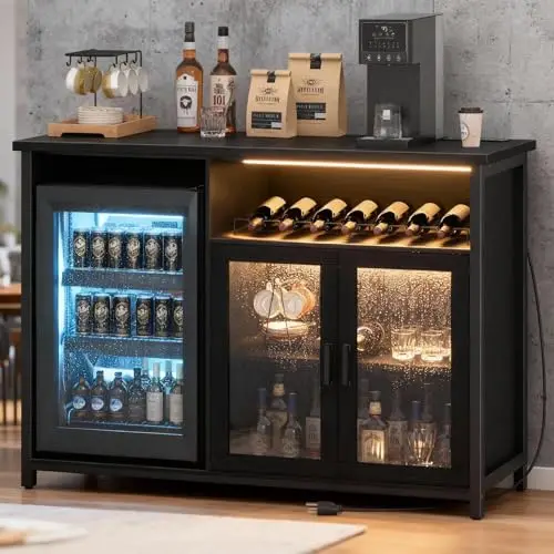 Wine Bar Cabinet with Mini Fridge Space, Black Coffee Bar Cabinet and Liquor Cabinet with Storage Rack, Sideboard