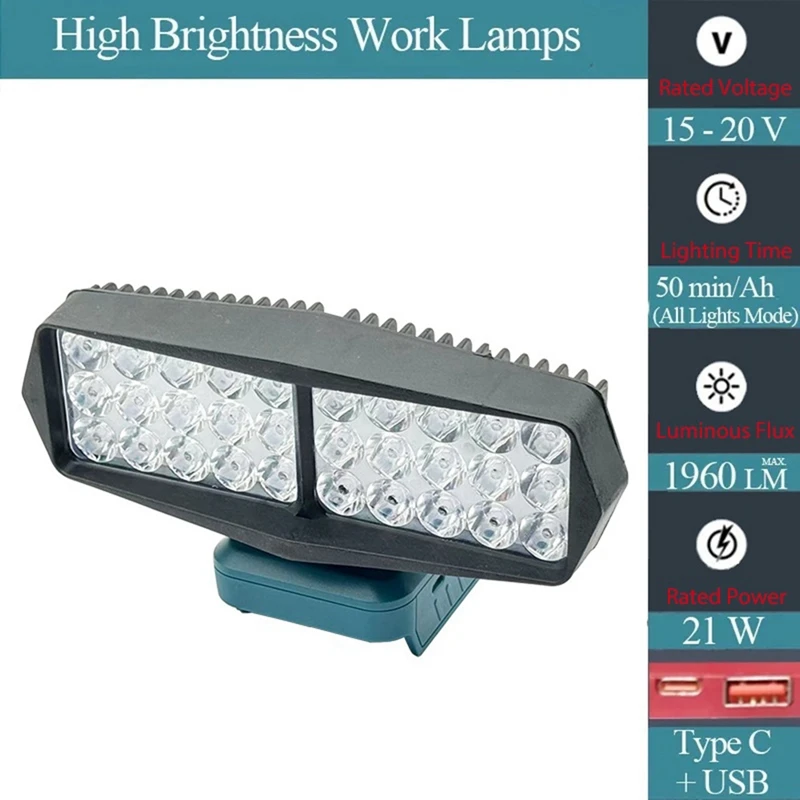 Lámpara de trabajo de 30 LED, linterna, foco, Banco de energía USB y tipo C con protección de bajo voltaje para batería de 18V