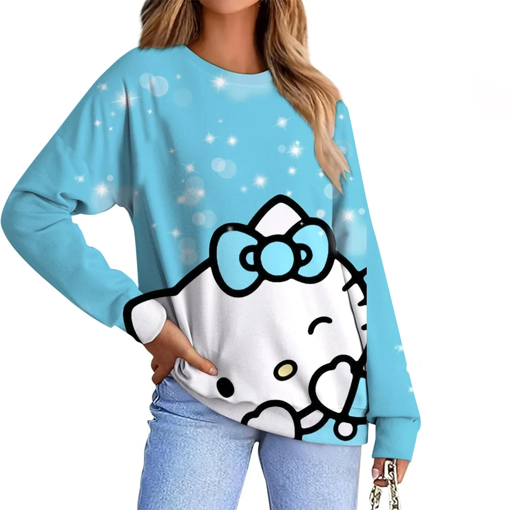 2025 خريف شتاء جديد وصول المرأة موضة هوديي مرحبا كيتي طباعة بلوزات الإناث اليومية عادية رياضي فضفاض البلوز