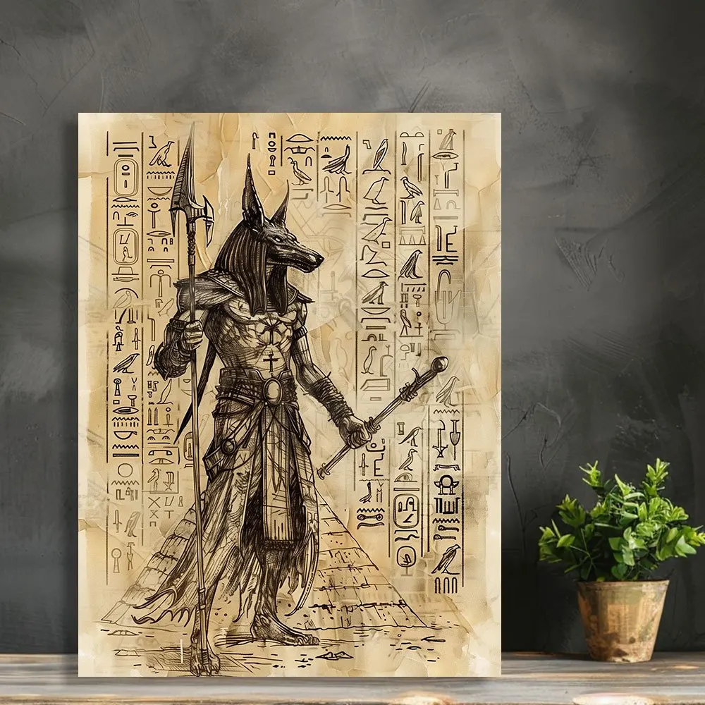 Anubis Egyptian God Canvas Wall Art,Unframed Craft Supplies, Ancient Style Hieroglyphs Background, Mythological Decorative Print