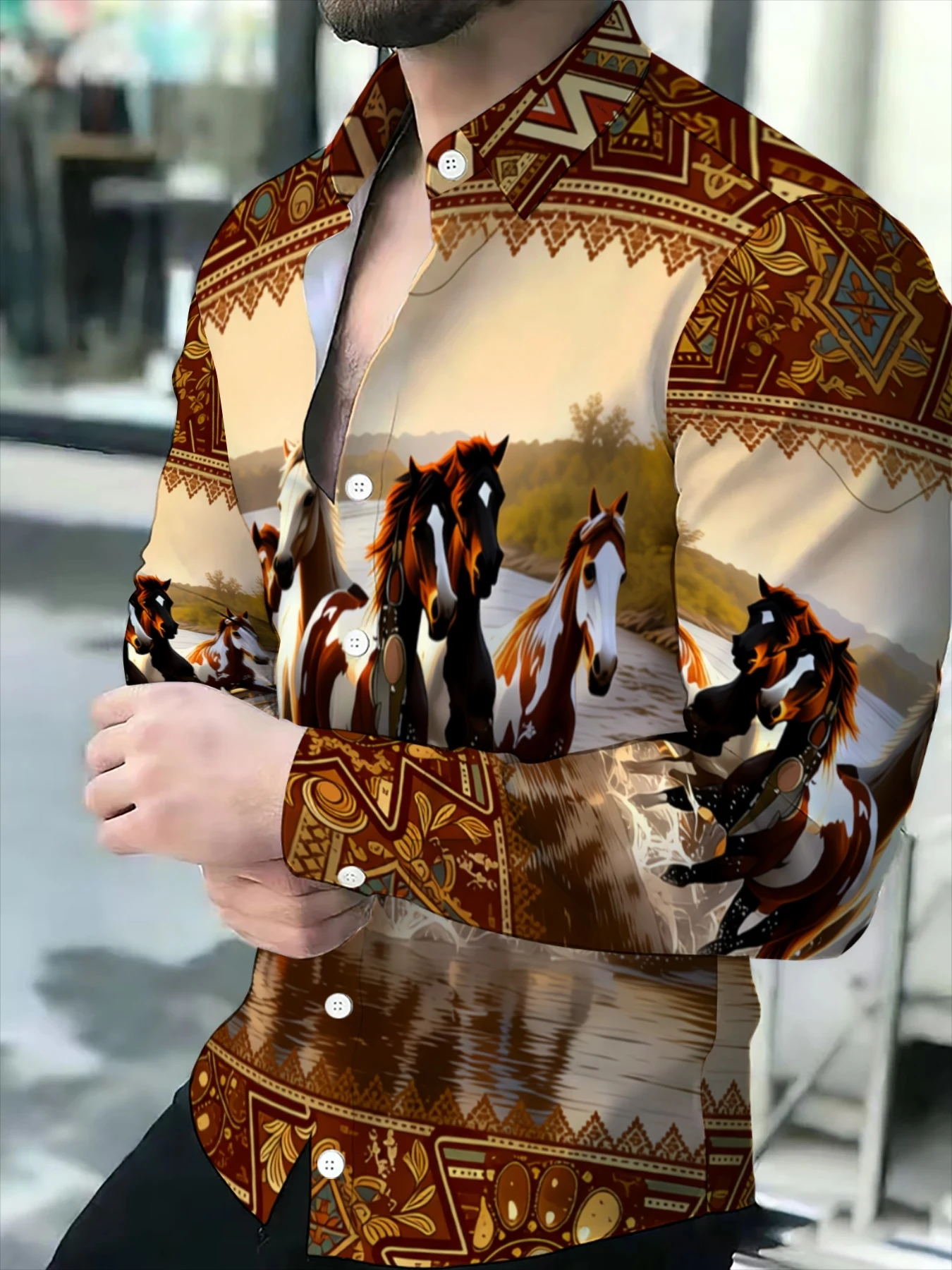 Men Lapel Collar Shirt Vintage Tribal Ornament Wild Horse Herd River Landscape Graphic Polyester Long‑Sleeve Top
