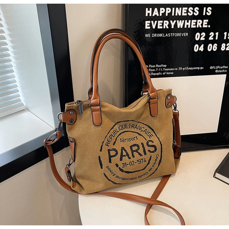 

Fashion Portable Canvas Women's Bag Retro Letter Large Capacity Tote Bag Adjustable Shoulder Strap Vintage Stylish Crossbody Bag