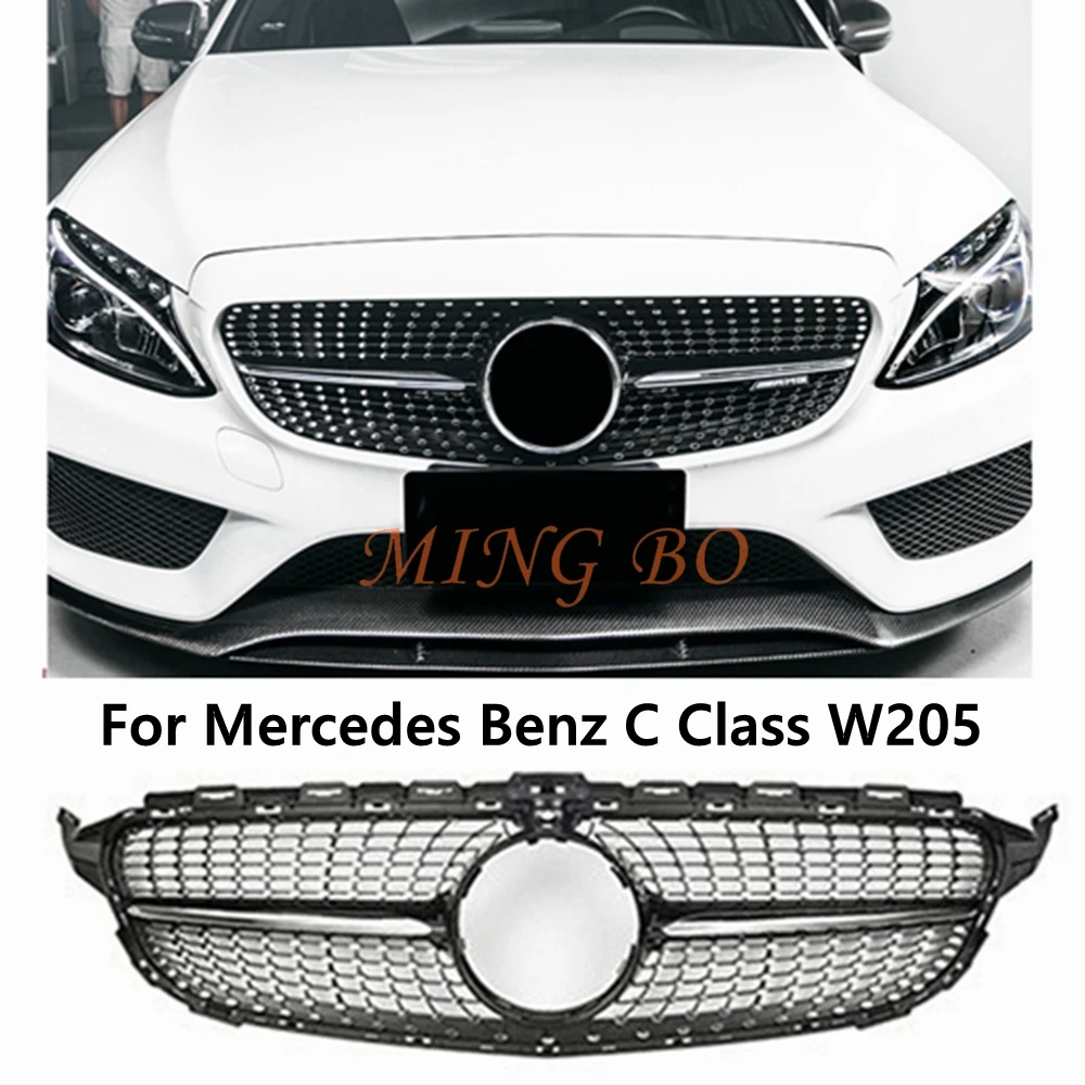 For Mercedes Benz C W205 C205 S205 C43 2014-2018 Style Refit GT GTR Diamond Inlet Mesh Front Grille Tuning Accessories