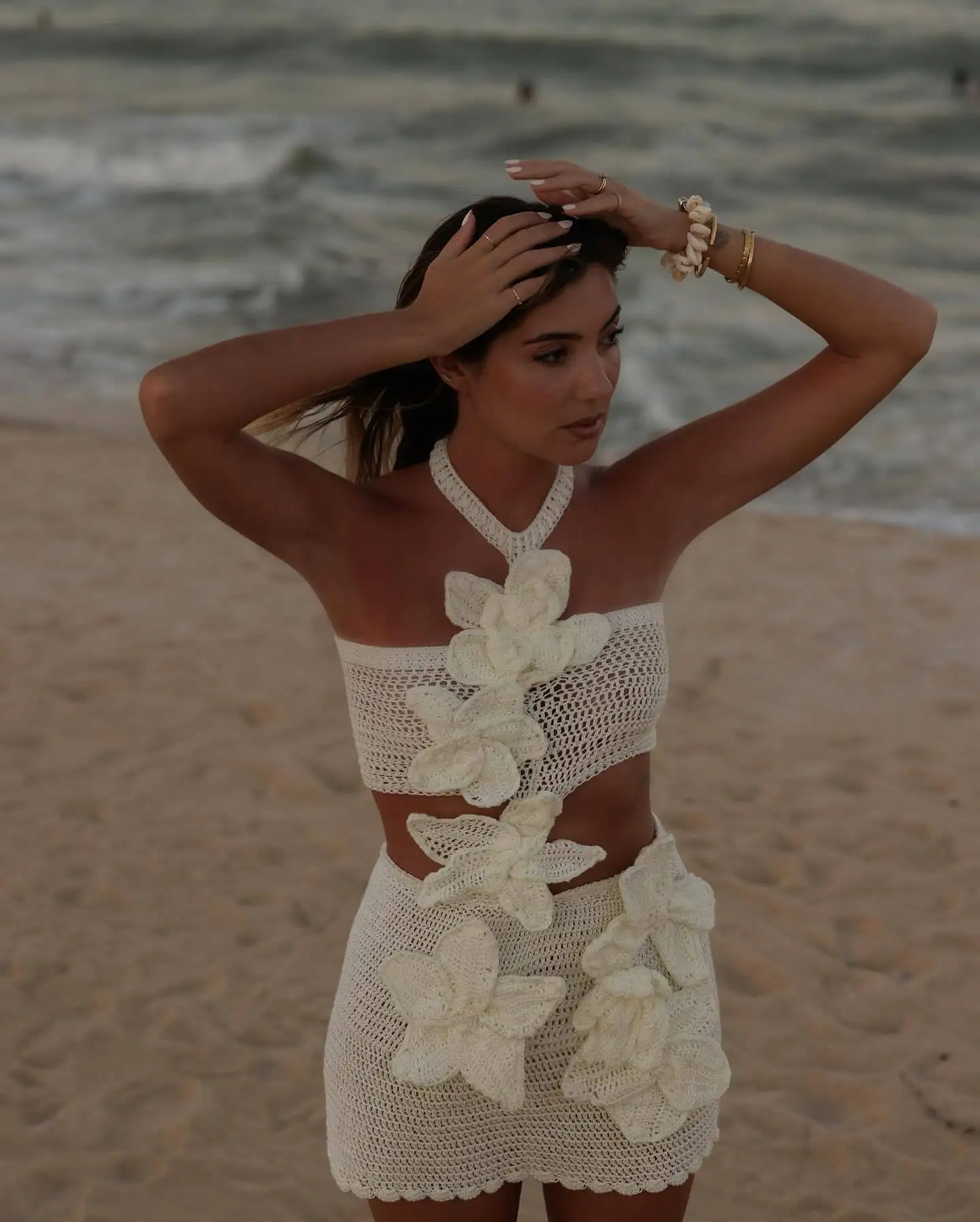 Minivestido de punto con flores en 3D para mujer, sin mangas, con cuello Halter y hombros descubiertos, vestidos sin espalda para mujer, vestido ajustado para vacaciones de verano