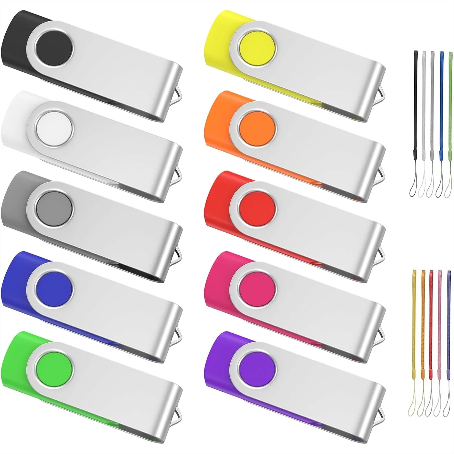 

1GB USB 2.0 Flash Drive 10 Pack with Lanyards, Swivel Thumb Drives Bulk for Data Storage
