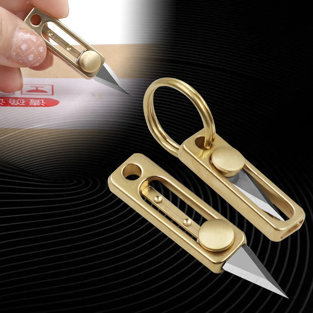 Brass Mini Knife Small Push Angle Knife Outdoor Self Defense Key Chain Pendant Small Tool Portable Open Box Express Artifact