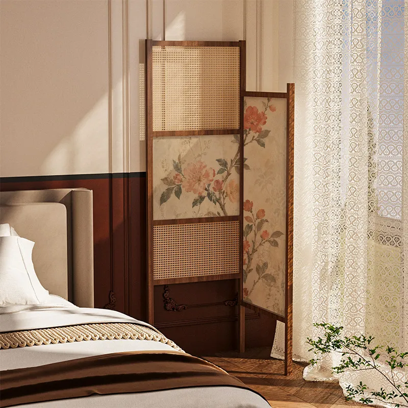 Medieval style painted pink peony solid wood rattan folding screen bedroom entrance gorgeous floor light luxury home partition