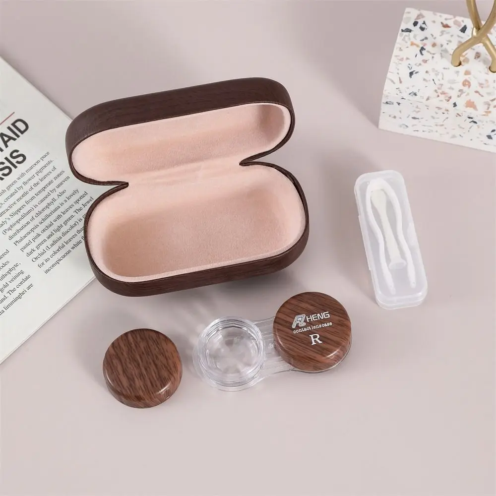 Dual Compartment Contact Lens Case Compact Size Wood Grain Portable Lens Case Myopia Companion Lens Container Set Daily Bag Use