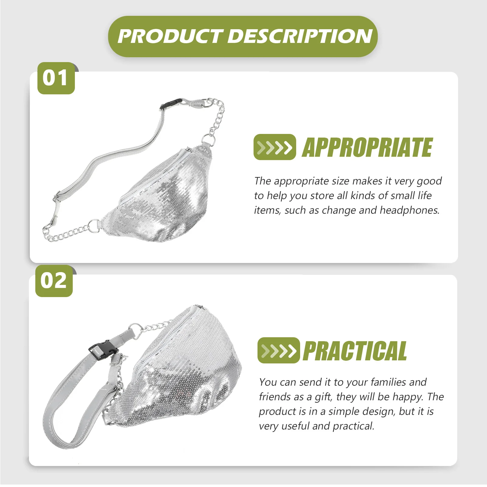 

Поясная сумка из искусственной кожи с блестками, стильная поясная сумка, серебристая, шикарная, повседневная, на молнии для путешествий, бега, пешего туризма, покупок, предметы первой необходимости, ключи для телефона