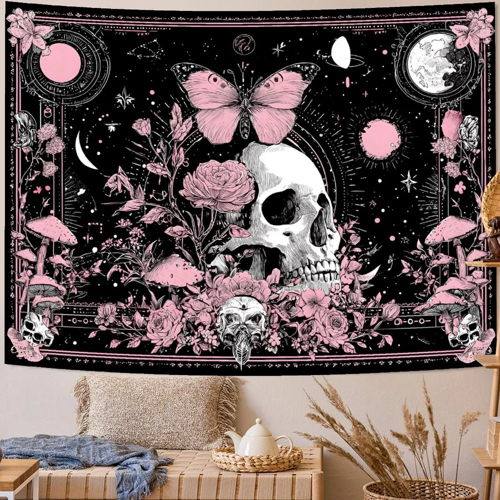 Pink Skeleton Tapestry Bedroom Skull Mushroom Tapestries Hippie Nature Plants Floral Flower Aesthetic Tapestry Wall Hanging For