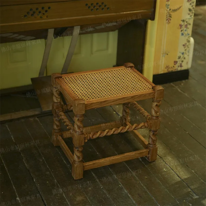 Sunlight series dressing stool small square stool rattan retro shoe changing solid wood carving flower medieval household