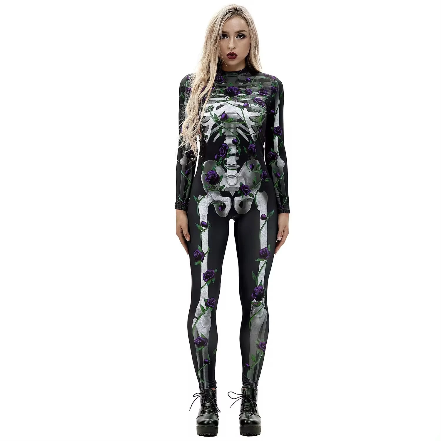 Frauen Halloween Cosplay Kostüm Erwachsenen Schädel Skelett Digitaldruck Langarm Rave Party Bodysuit Overall Outfits