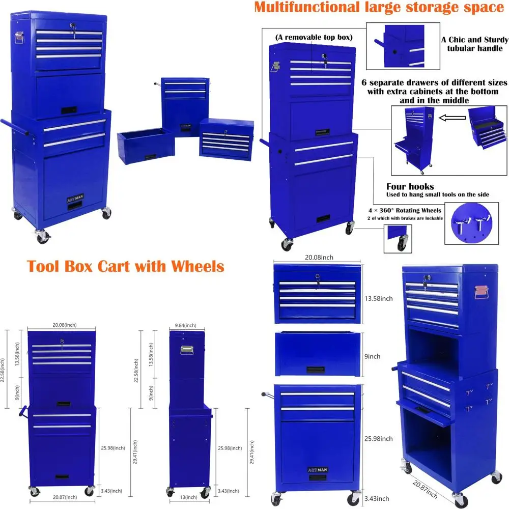 

Двухуровневый ящик для инструментов большой емкости с 6 ящиками, запираемый шкаф для хранения на колесах, прочный органайзер
