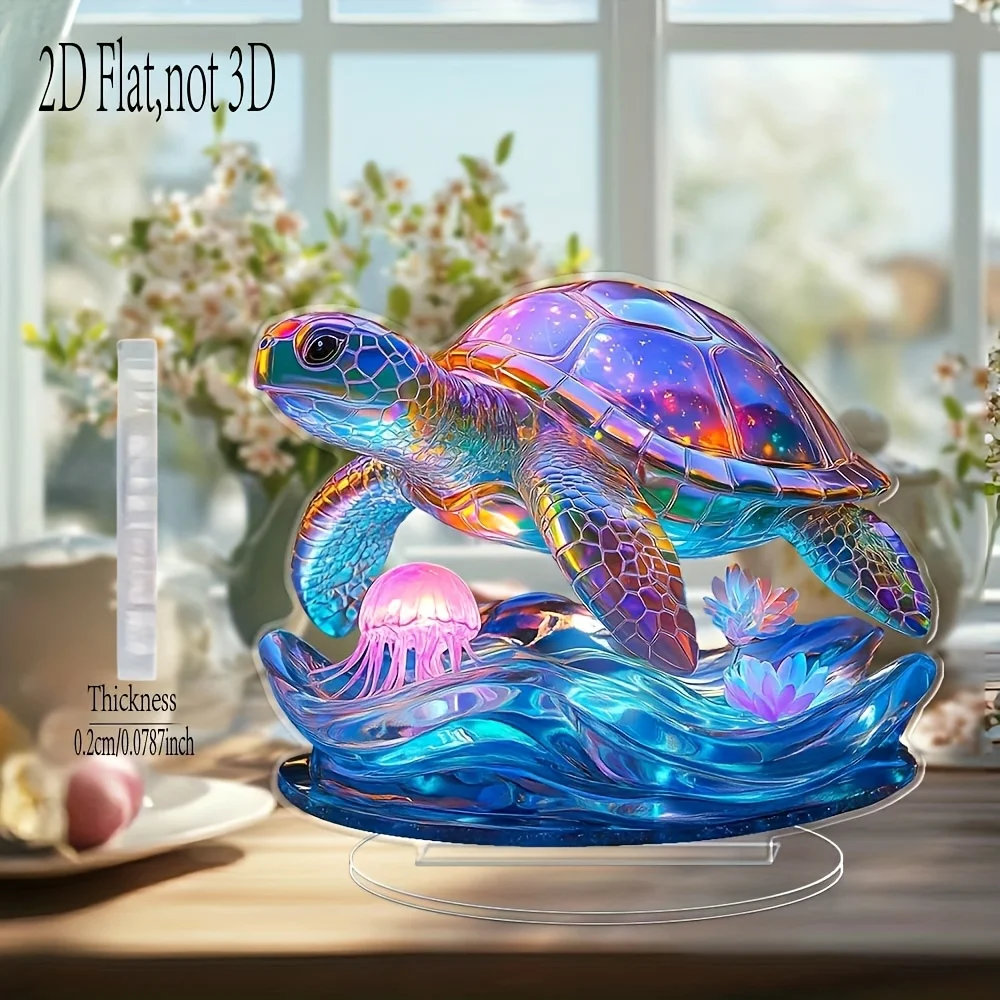 2D Flat, Single-piece 2D Colored Large Sea Turtle and Jellyfish Acrylic Ornament, Desktop/Home/Window/Outdoor Decorative Ornamen