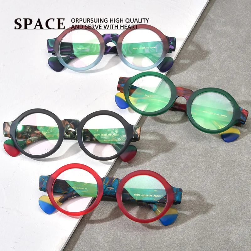 New Trendy Multi-Color Spliced Double-Rim Frosted Acetate Round Glasses Frame Unisex Prescription Blue Light Blocking Compatible