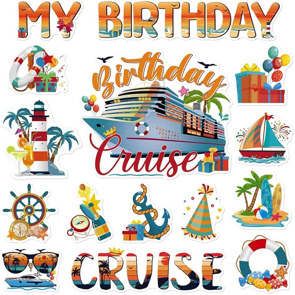 

15 Piece Birthday Cruise Door Vintage Cabin Anchor Fun Nautical Theme Magnetic Stickers