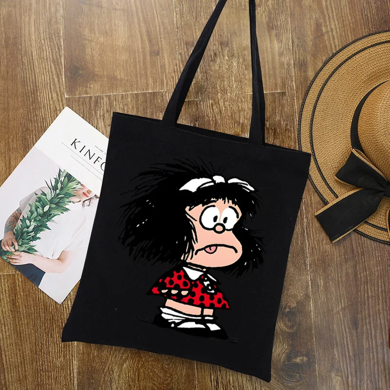 Mafalda Cute Cartoon Kawaii Ladies Handbags panno Canvas Tote Bag Shopping Travel Women Eco borse a tracolla riutilizzabili nere