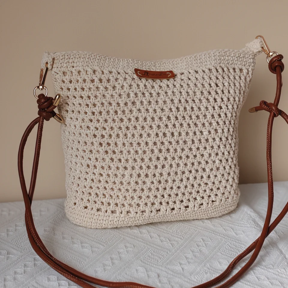 

Crochet Crossbody Bag for Women Hand Woven Shoulder Bag Crochet Design with Leather Strap with Crochet Earbuds Case