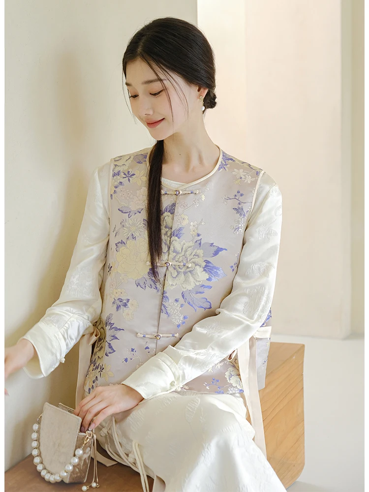 

New Chinese Sle High End Ele Peony Silk Song Jin Belted round Ne Buttoned Vest Drifting Sa Ele Women's Jaet