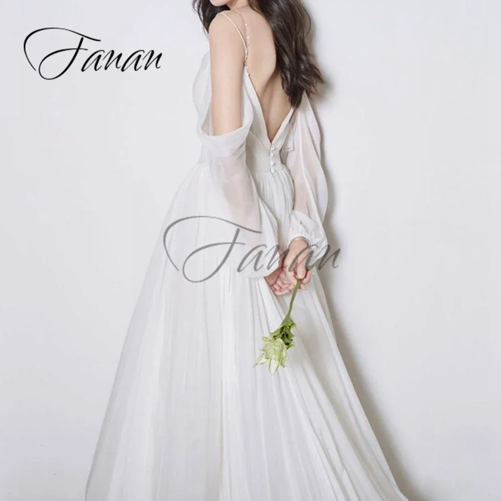 Customized Simple V-Neck See-Through Wedding Dresses Backless A-Line Chiffon Sweep Train Bridal Gown robe de mariée vestidos no