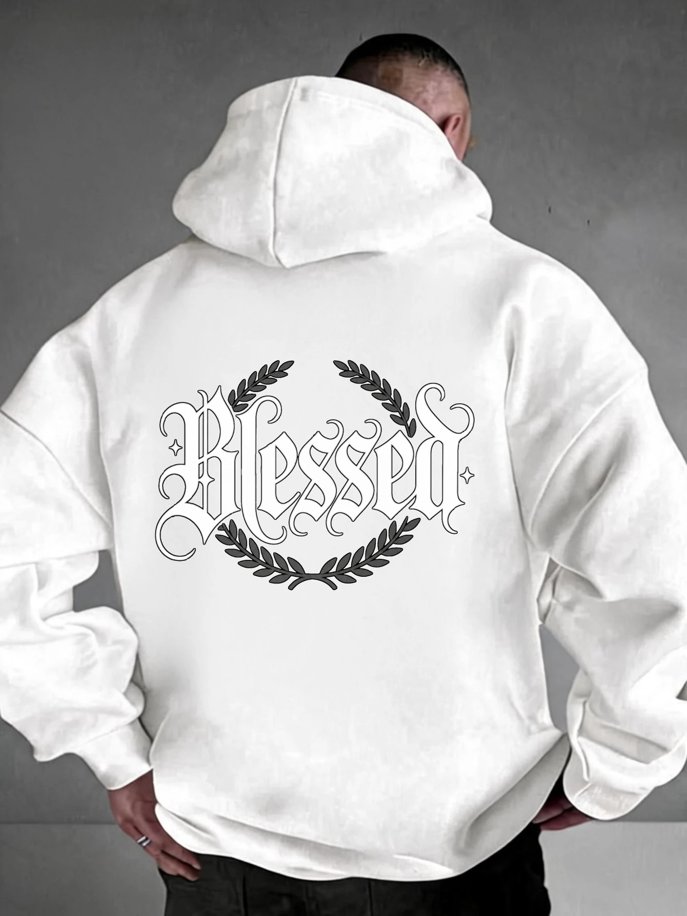 Plus Size Colorful Hoodie, Streetwear Style, Hooded Sweatshirt, Blessed Graphic Design, White Gothic Lettering with Laurel Wreath Print, Unisex Casual Wear for Everyday Or Religious Expression