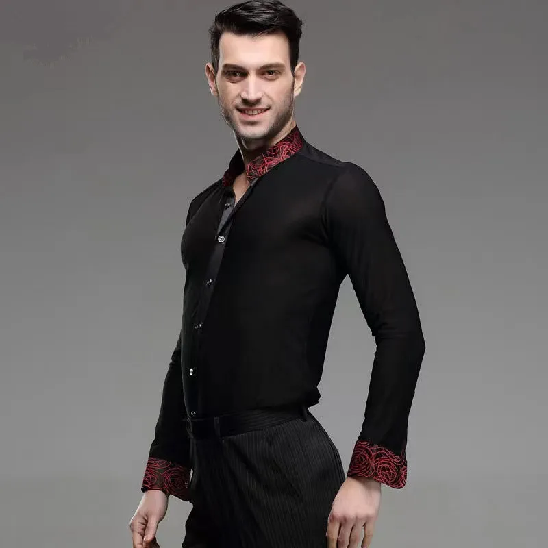 New Mens Dance Shirt Print Collar Standard Competition Performance Ballroom Modern Salsa Tango Samba Male Latin Tops Dancewear