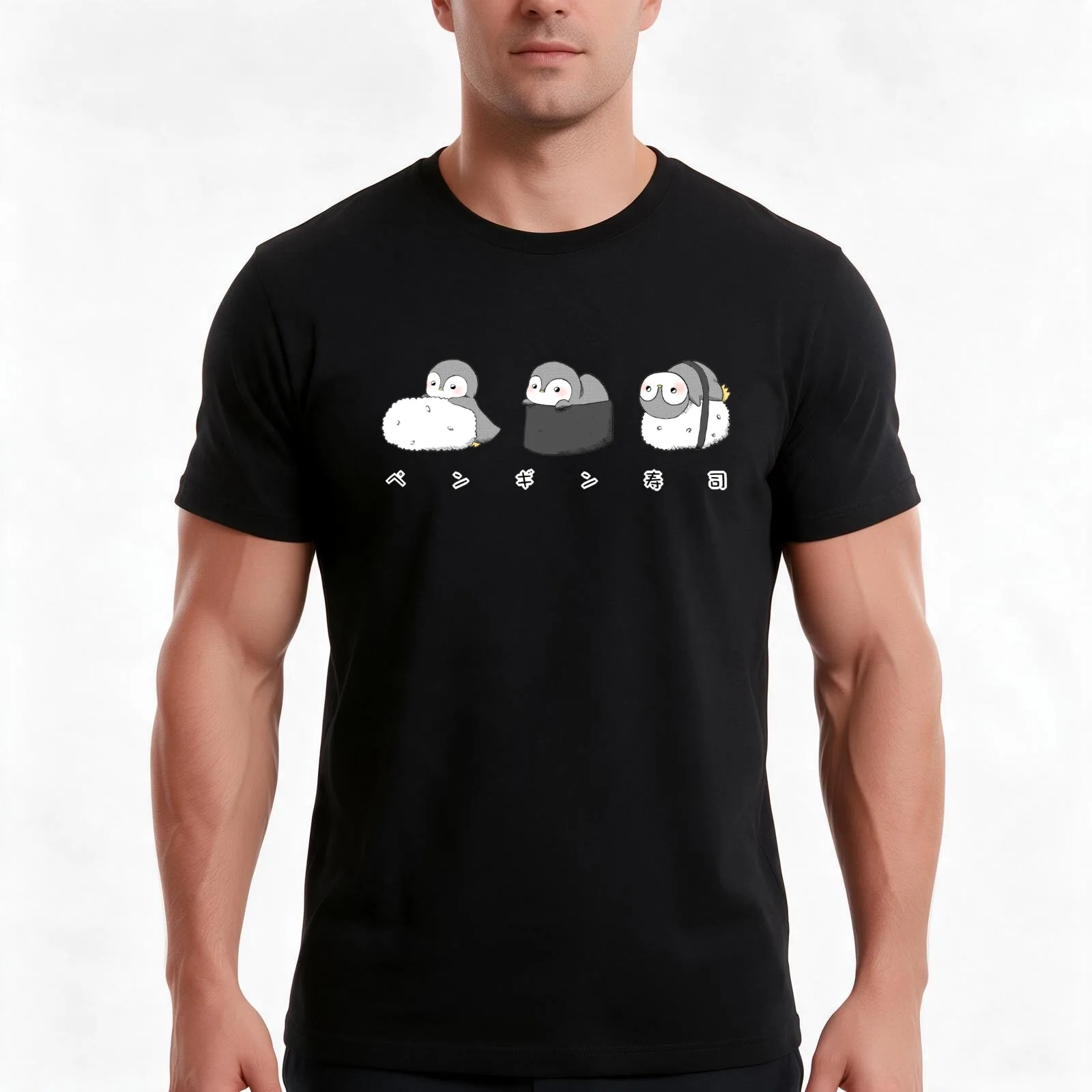 Baby Emperor Penguin Yummy Nigiri Sushi Set T-Shirt, Summer Casual Cotton Tee, Oversized Streetwear Tops, Vintage Graphic Print