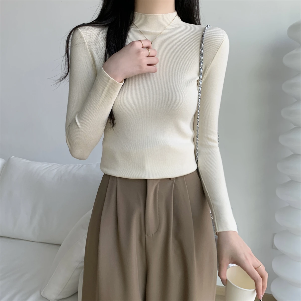 محبوك سترة المرأة البلوفرات الجديدة طويلة الأكمام وهمية الرقبة الأبيض متماسكة سترة البلوز المرأة بلايز البلوزات Sueters De Mujer Q1535