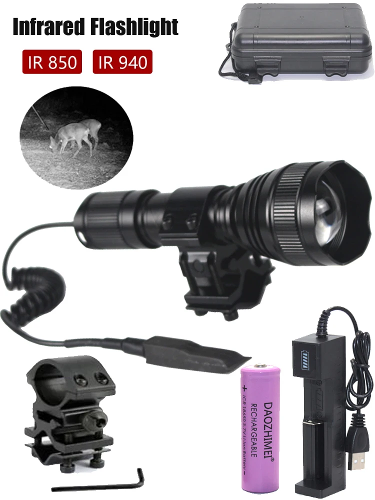 T21 Ir Hunting 940nm/850nm Licht Infrarood Zaklamp Zoombare Nachtzichtlamp + 18650 + Usb-Oplader + Schakelaar + Bevestiging - afbeelding 2