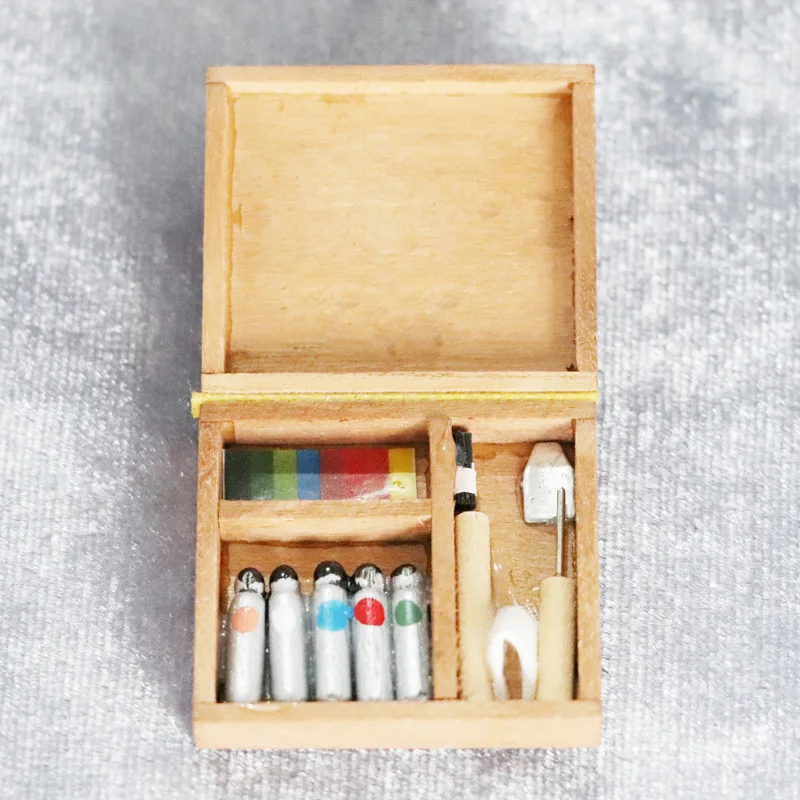 Set da studio d'arte in miniatura per casa delle bambole in scala 1:12 - Cavalletto in legno + bacheca + tavolozza + scatola di colori Oggetti di scena artistici
