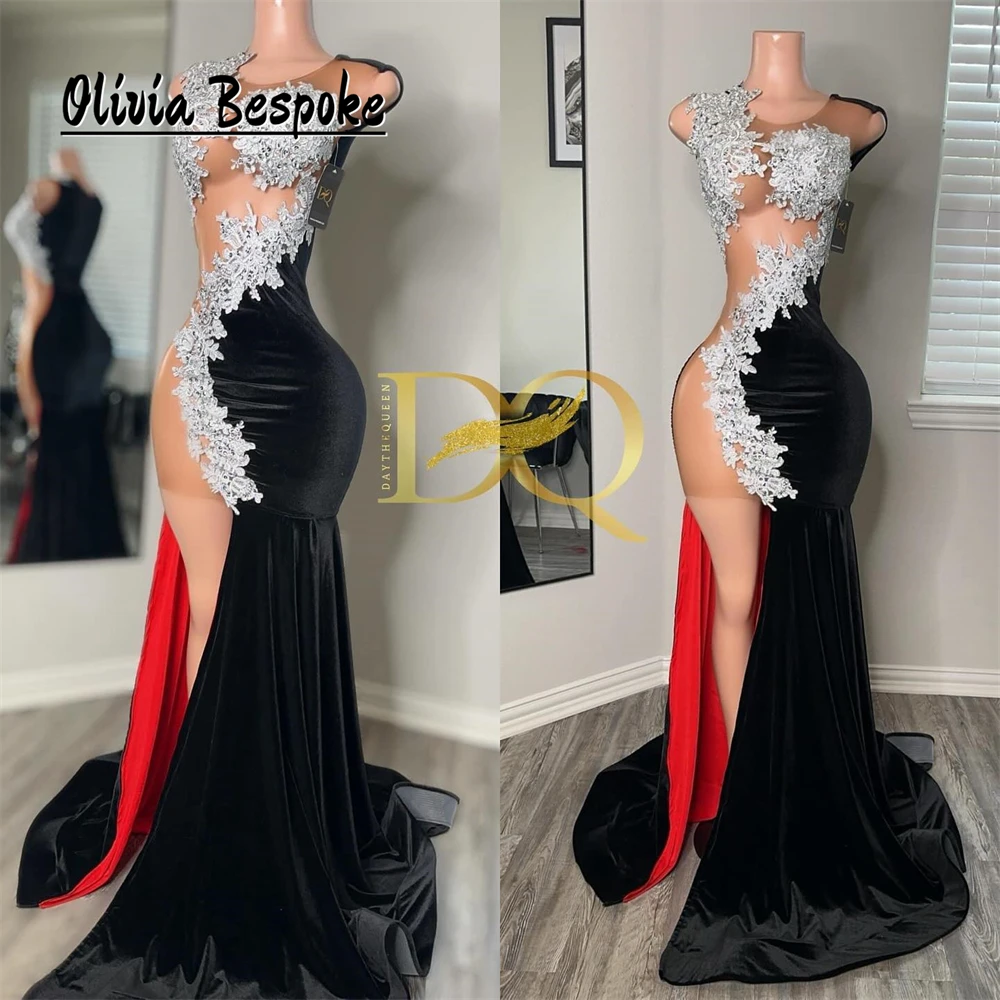 

Mysterious Black Split Prom Dresses Silvery Appliques Mermaid Elegant Party Dress For Black Girls Mesh Cocktail Customized