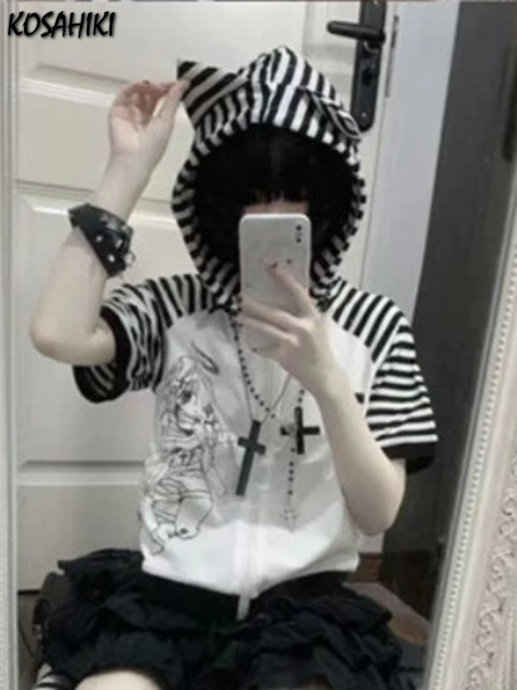 Japanese Cartoon Print Kawaii Harajuku Tee Shirts Women Y2k Casual Striped T-Shirt Tops Patchwork Zipper Hooded Gothic Tshirts