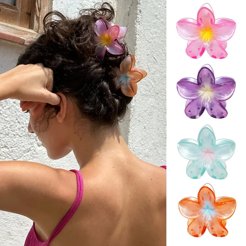 2pcs New Large Size Hairpin Hair Claw Clip Hairwear Bohemia Colored Plumeria Flower Acrylic Hair Clip Women Girls Sweet Hairpin