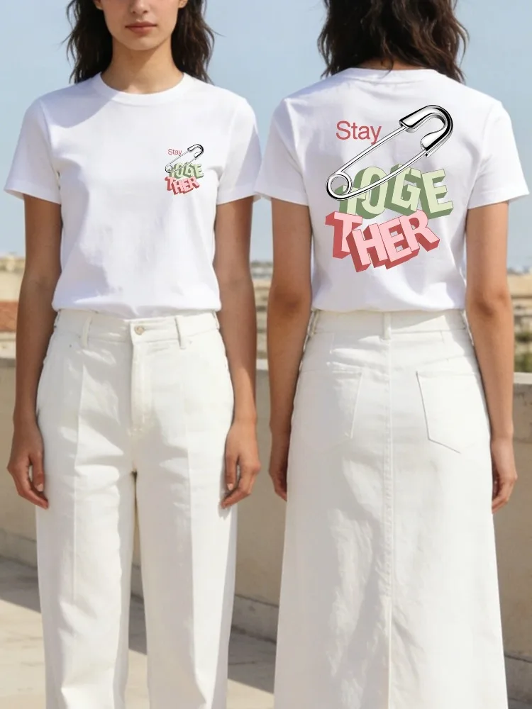 Stylish Womens Summer Crew-neck Short-sleeve T-shirt Featuring The Phrase Stay Together and A Metallic Pin Design—a Trendy Shirt