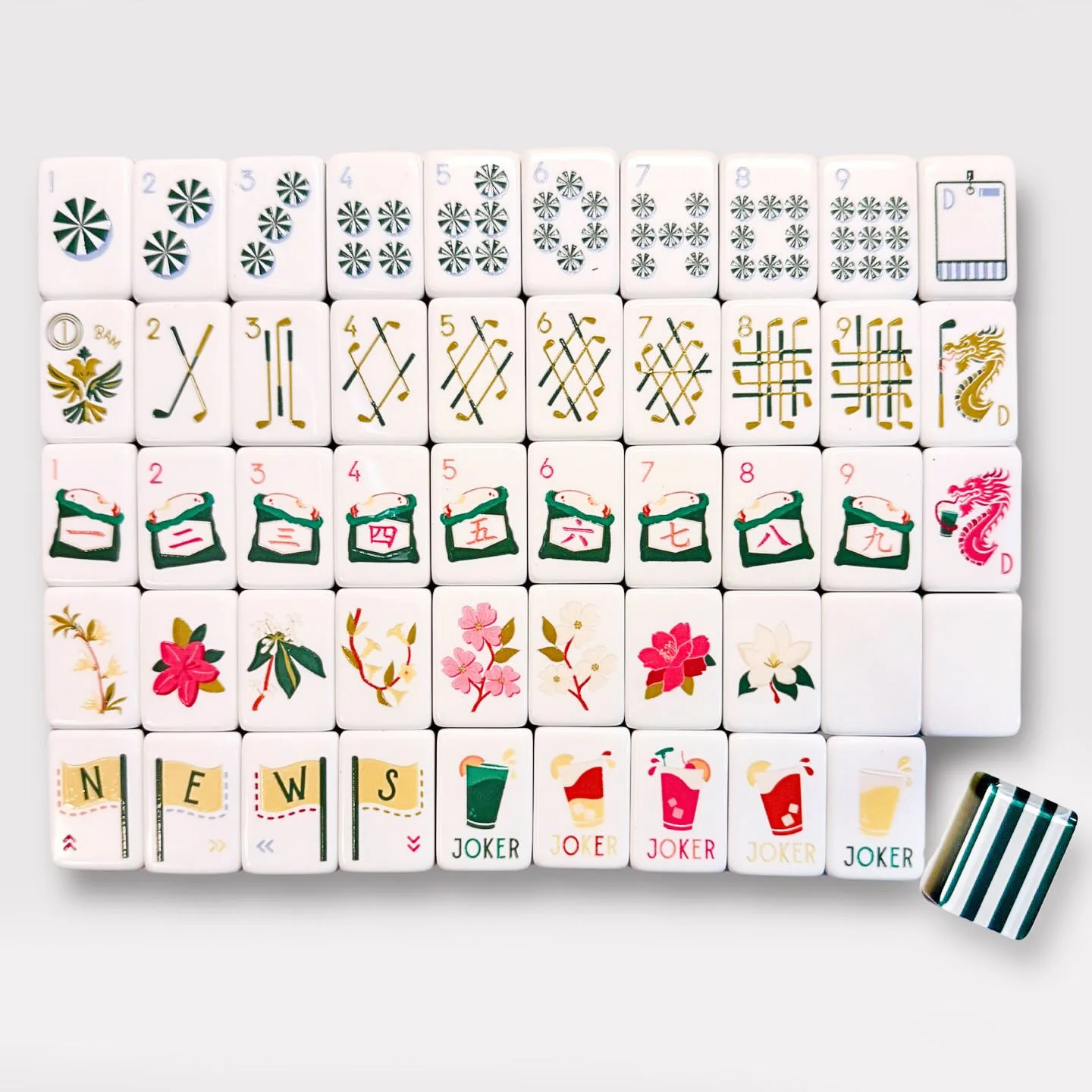 Stock 2026 Green and White Engraved Golf Theme Cart Country Club Theme Oh My the Masters Mahjong Tiles American Golf Themed Set