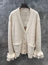 Vintage solid color V-neck wool blend flared sleeve cardigan 2024 autumn women's new fashion all-match straight tube knit coat