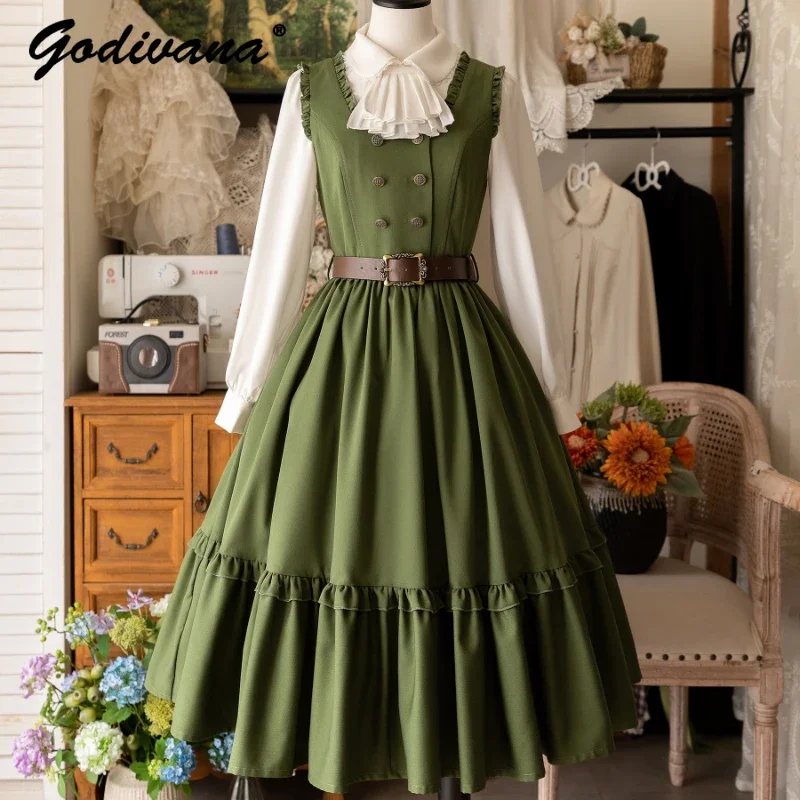 

Spring 2024 New Women's Elegant Retro Double-breasted Jsk Sleeveless Dress Lolita Long Sleeve Shirt Fashion Dress Set Outfits