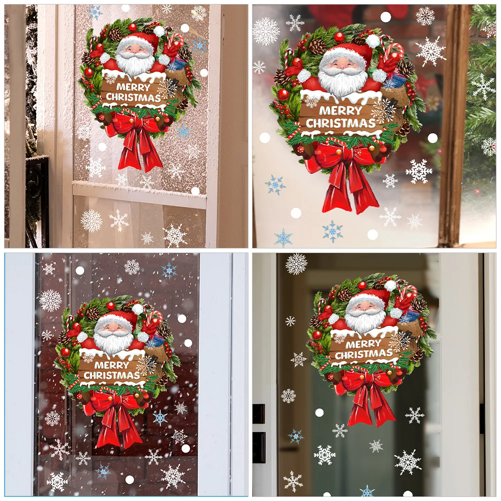 Santa Claus Wreath Snowflake Christmas Wall Sticker Glass Window Home Decoration Cling Stickers Xmas Decals Pvc Clings