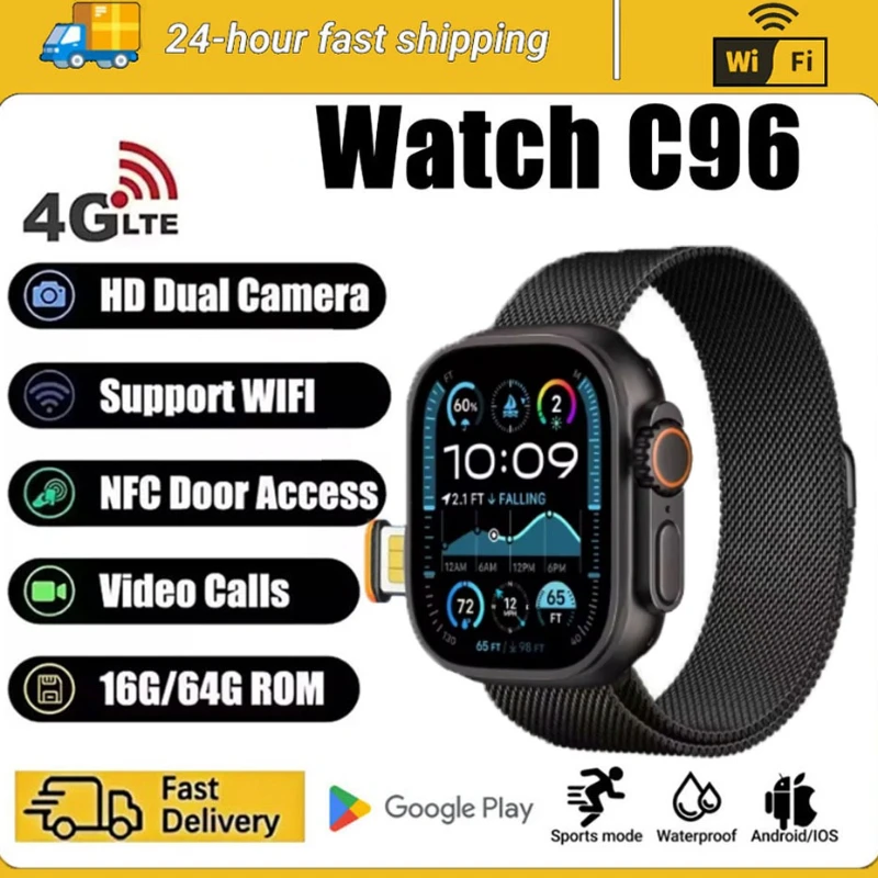 

c96 Сетевая SIM-карта 5G 21 дюйм Amoled GPS WIFI Смарт-часы для глобальных вызовов Мужские Ultra s10 Android 90 Смарт-часы для звонков