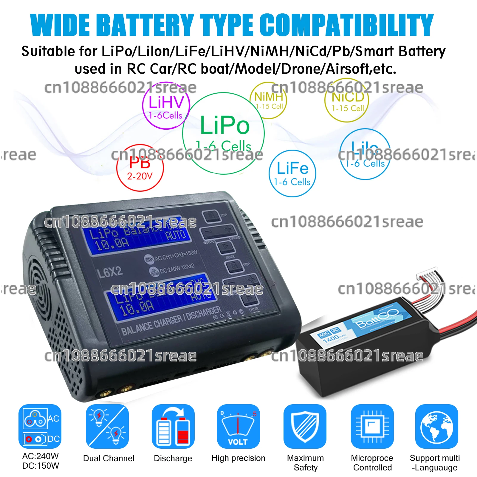 L6X2 LiPo-Akku-Ladegerät Dual Channel 10A AC 150W DC 240W für 1-6S Li-Ion LiFe NiCd NiMH LiHV PB Smart Akku-Entlader