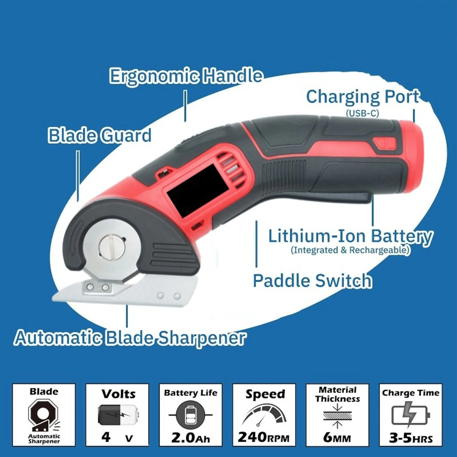 Cordless Electric Scissors 4V 2000mah Rechargeable Cutter with Safety Lock 240RPM for Cardboard Leather Paper Felt Fabric