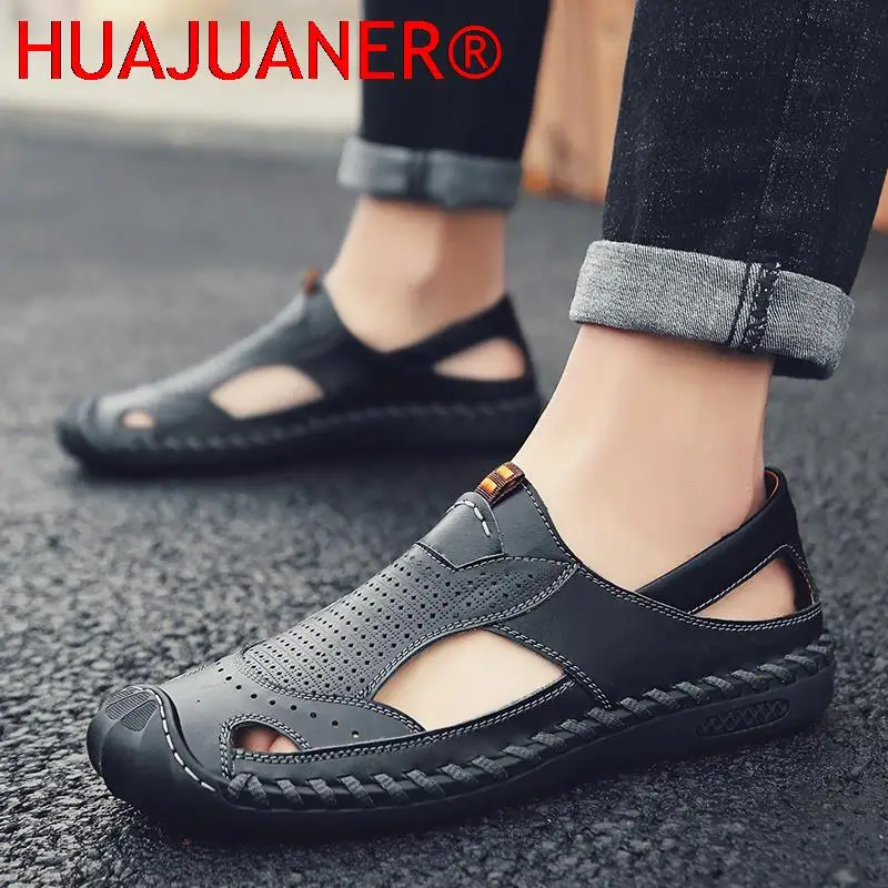 New Sandals Mens Summer Shoes Leather Fashion Hole Shoes Breathable Classic Walking Shoes Lightweight Outdoor Hiking Shoes Flats