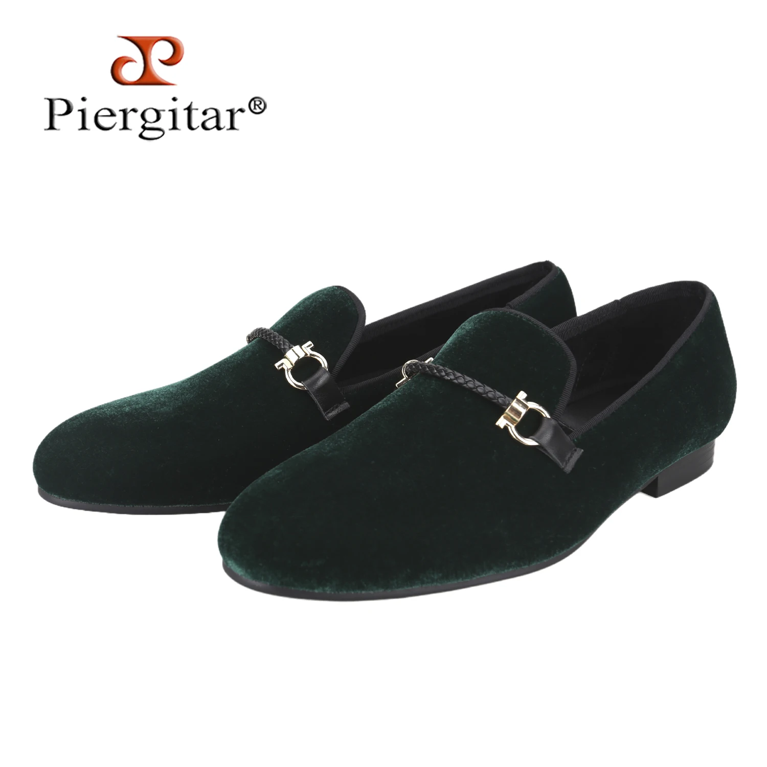 Piergitar Gentleman Style Emerald Color Velvet Men's Loafers With Classic Woven Leather Rope Horsebit Handmade Smoking Slippers