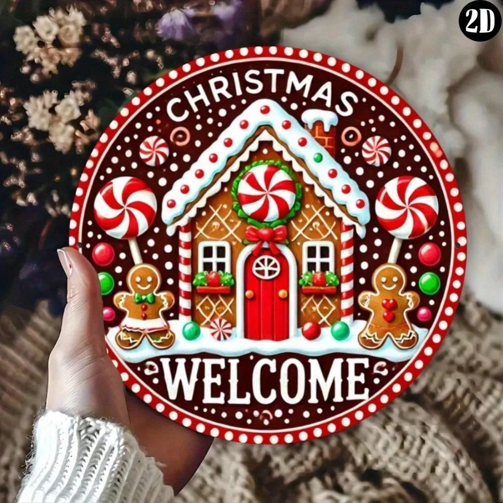 1pc 2D Flat Round Christmas Metal Sign - Festive Gingerbread House 