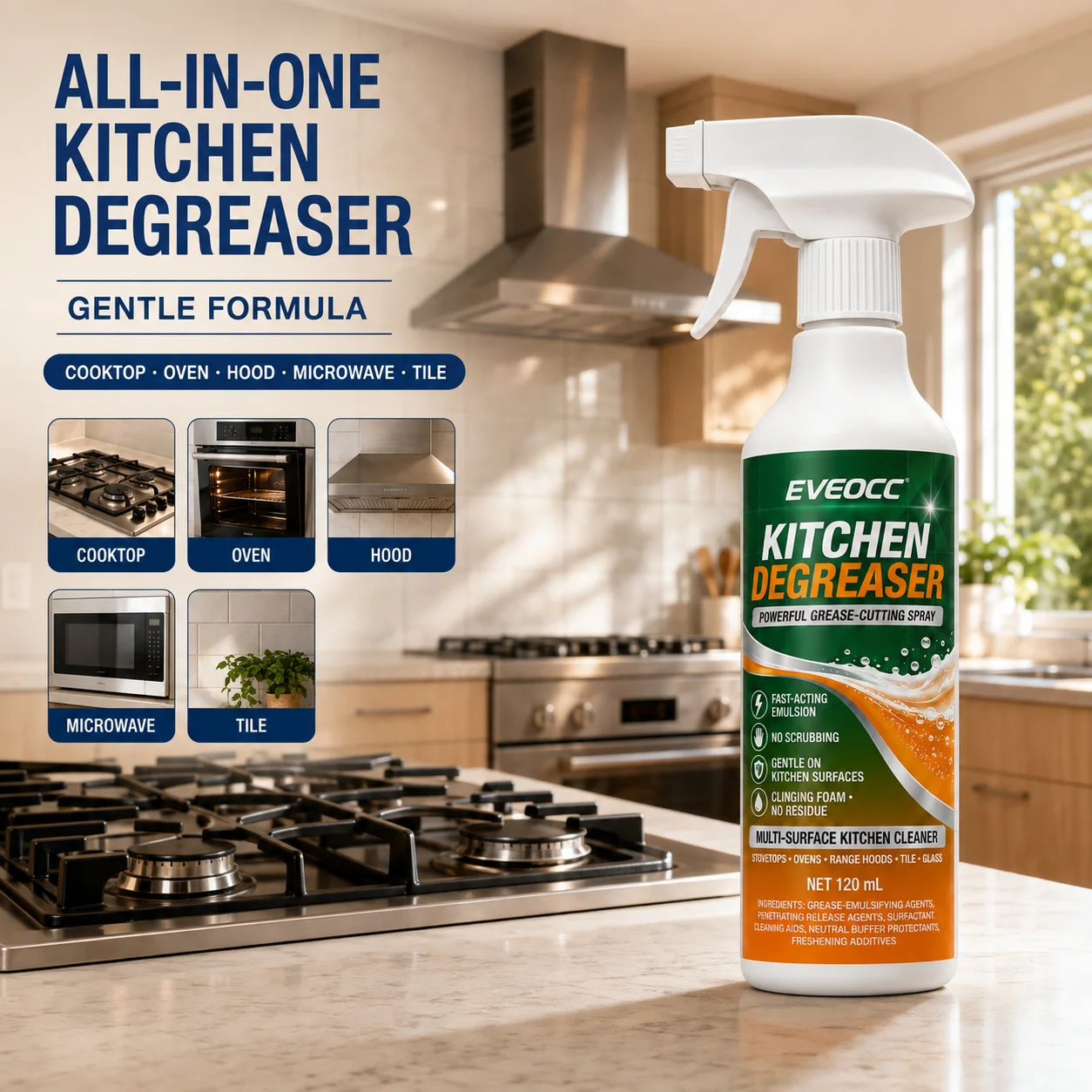 Kitchen Heavy‑Duty Degreaser Spray, Fast‑Acting Grease Remover, No‑Scrub Foam Cleaner for Tile Glass Surfaces 120ml