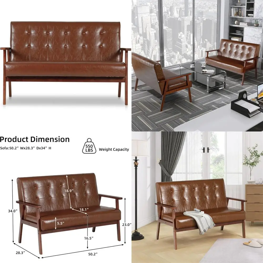 

Mid Century Modern 2-Seat Leather Loveseat Sofa with Wooden Arms for Office or Living Room Lounge