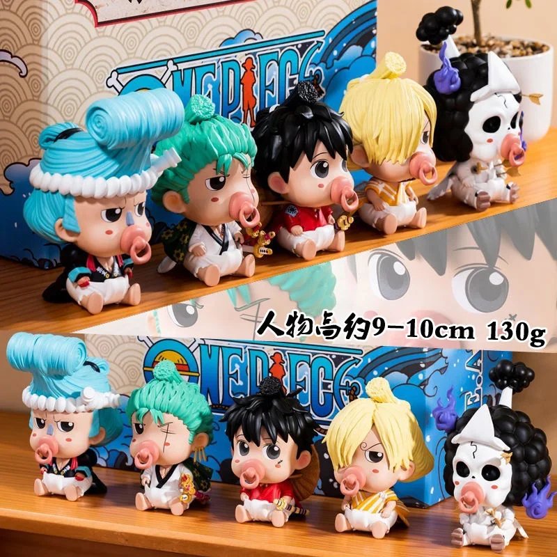 One Piece Luffy Zoro Sanji Franky BROOK Anime Figure 9cm Q Version Pacifier Collectible Model Decoration Toy Christmas Gift