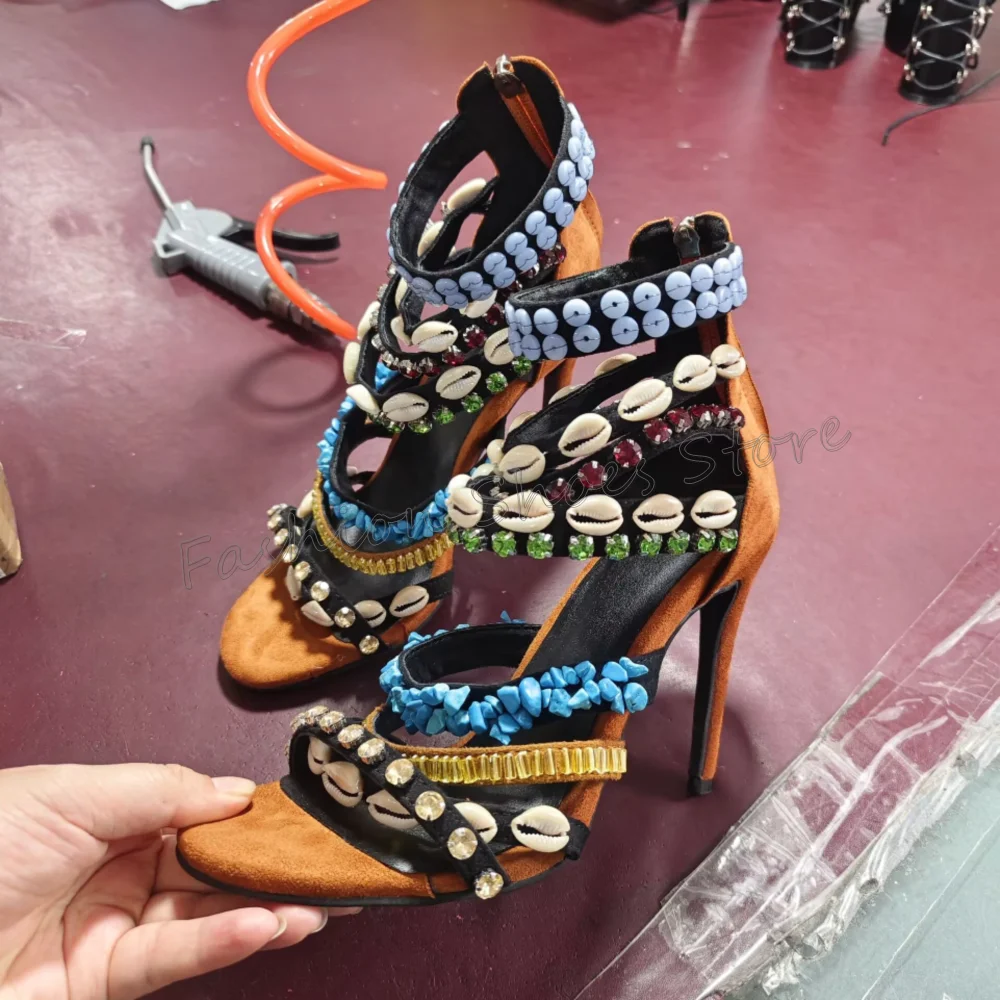 

Brown Crystal Buckle Decor Back Zipper Sandals Women Shoes Stilettos High Heels Party Banquet Dating 2025 Zapatos Para Mujere