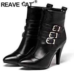 REAVE CAT Fashion Woman Boots Pointed Toe Thin High Heels Buckle Zipper Plus Size 33-45 Black White Yellow Wedding Winter S2680